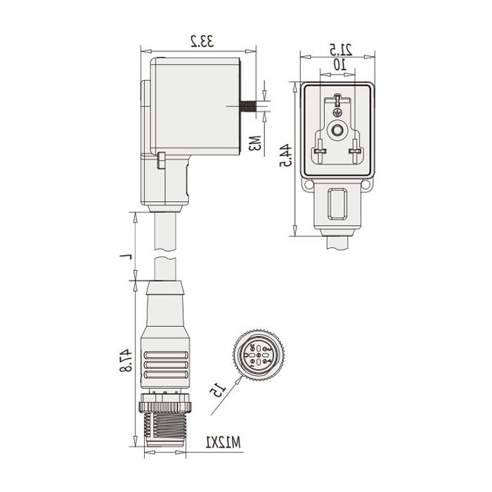 阀门插头类型B，DIN，10mm，3Pin/M12公头直型、双端预铸PUR柔性电缆、黑色护套、6VB061-XXX